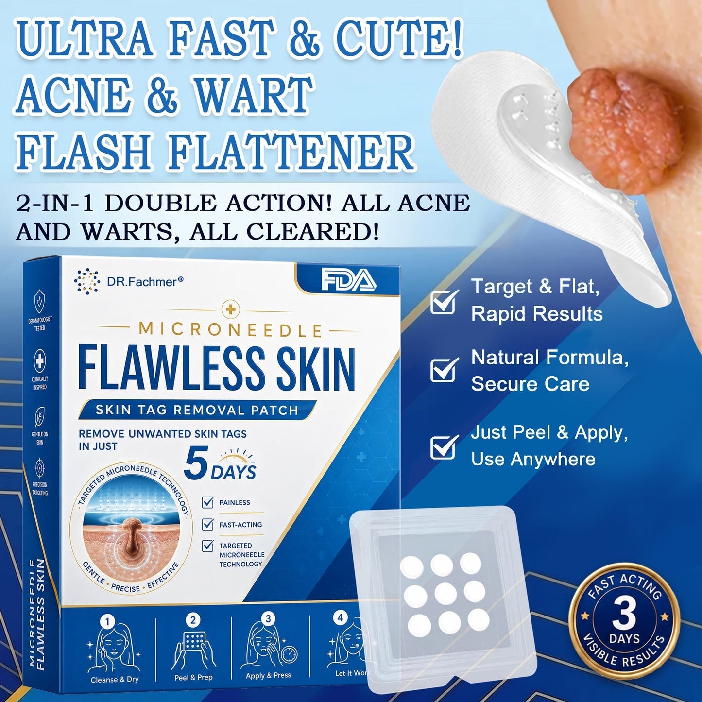 ✅ DR.Fachmer® 2-in-1 Microneedle & Hydrocolloid Patch | Raised Moles,Acne,  Flat Warts & Skin Tags Remover | Improves Wrinkles, Scars & Blemishes | Invisible Pimple Patches for Face & Body