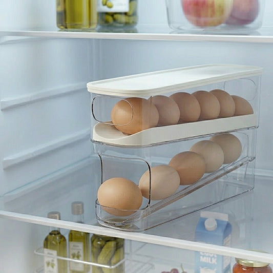Budryla Auto-Rolling Egg Dispenser for Refrigerator - 2-Tier Gravity-Fed Egg Storage Organizer - Space-Saving Slim Design for Kitchen Countertop & Fridge