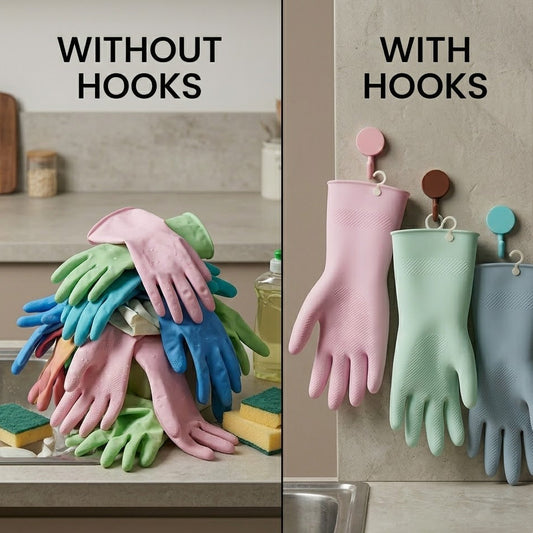 Budryla Reusable Dishwashing Gloves with Hanging Hooks, Waterproof Rubber Household Gloves for Kitchen, Cleaning, and Dishwashing, 1 Pair