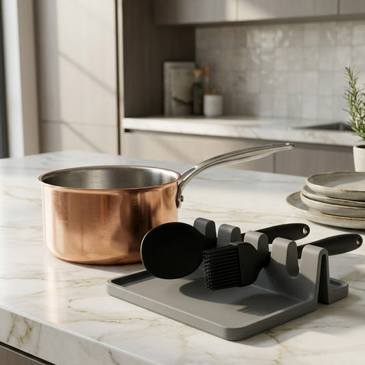 Budryla Modern Silicone Utensil Rest - Minimalist Countertop Organizer for Spoons, Ladles & Brushes, Heat-Resistant Gray Essentials