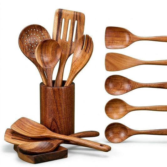 Budryla | Premium Natural Teak Wood Kitchen Utensil Set - Elegant Non-Stick Cookware Essentials