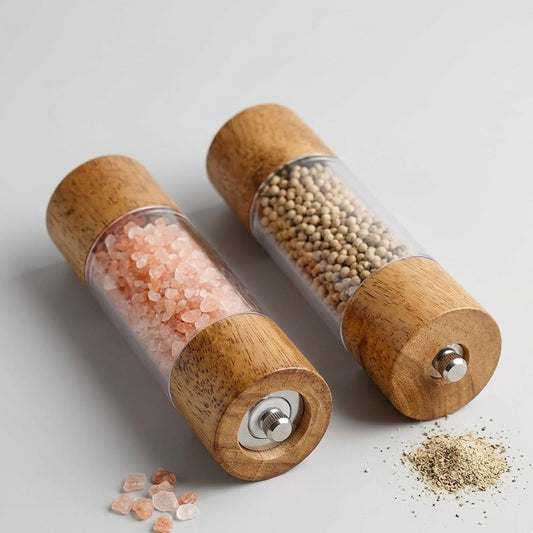 Budryla Elegant Wood & Acrylic Spice Mill - Refillable Sea Salt and Peppercorn Grinder, Ergonomic Design with Visible Storage, Luxury Kitchen Table Decor