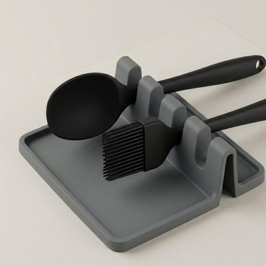 Budryla Modern Silicone Utensil Rest - Minimalist Countertop Organizer for Spoons, Ladles & Brushes, Heat-Resistant Gray Essentials