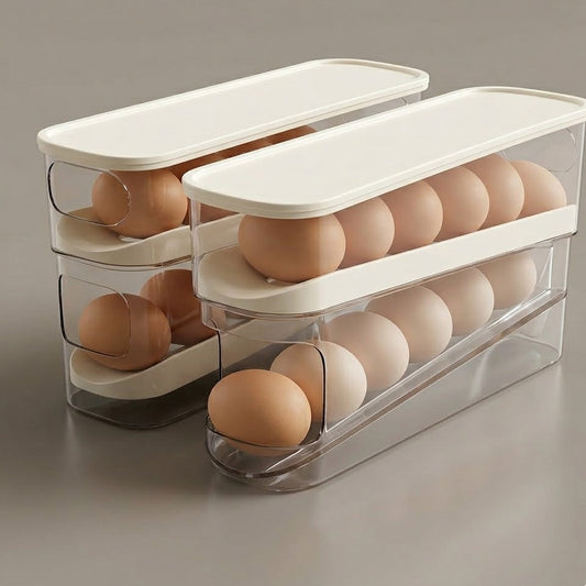 Budryla Auto-Rolling Egg Dispenser for Refrigerator - 2-Tier Gravity-Fed Egg Storage Organizer - Space-Saving Slim Design for Kitchen Countertop & Fridge